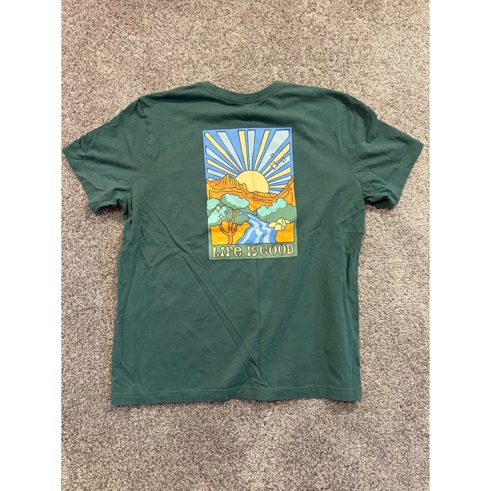 Life is Good T-Shirt Mens XXL Green Crusher Retro Stripe Mountain Graphic Tee
